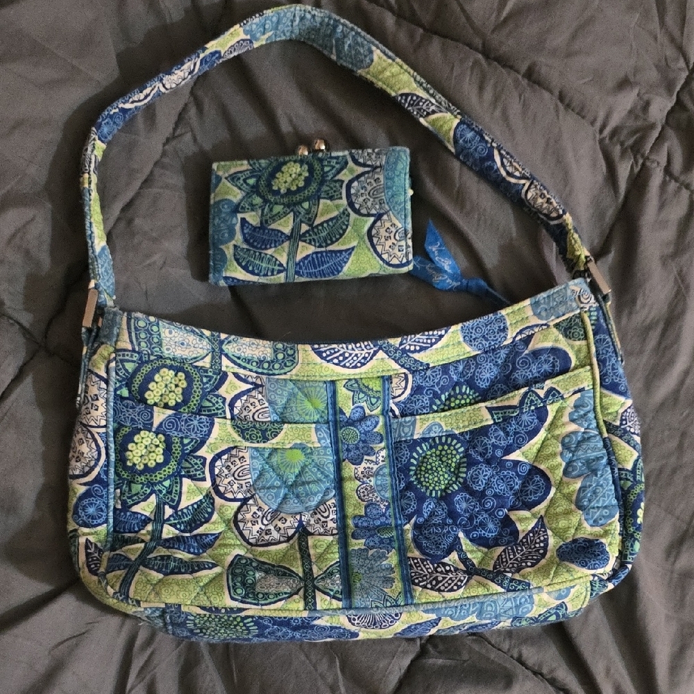 Vera Bradley Blue and Green Shoulder Bag with Floral Design